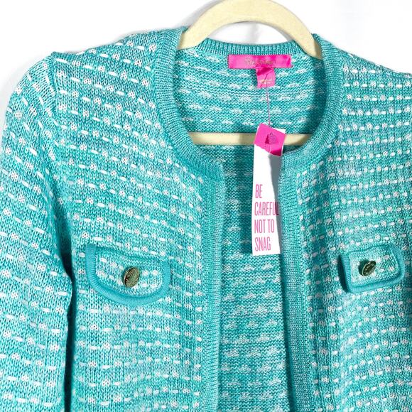 Lilly‎ Pulitzer Kienna Cardigan Cumulus Blue Metallic Marl Open Front Sz S - Picture 3 of 11